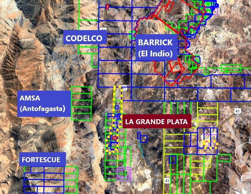 Satellite map of La Grande Plata tenements and neighbouring holdings of Codelco, Barrick, Antofagasta and Fortescue
